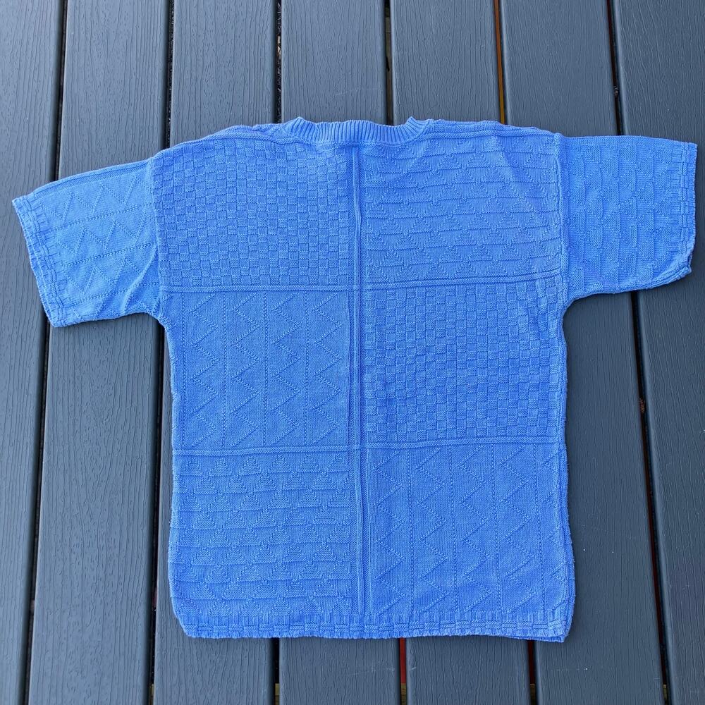 Blue cotton knit sweater short sleeves, vintage 70s twee preppy retro - Picture 2 of 7